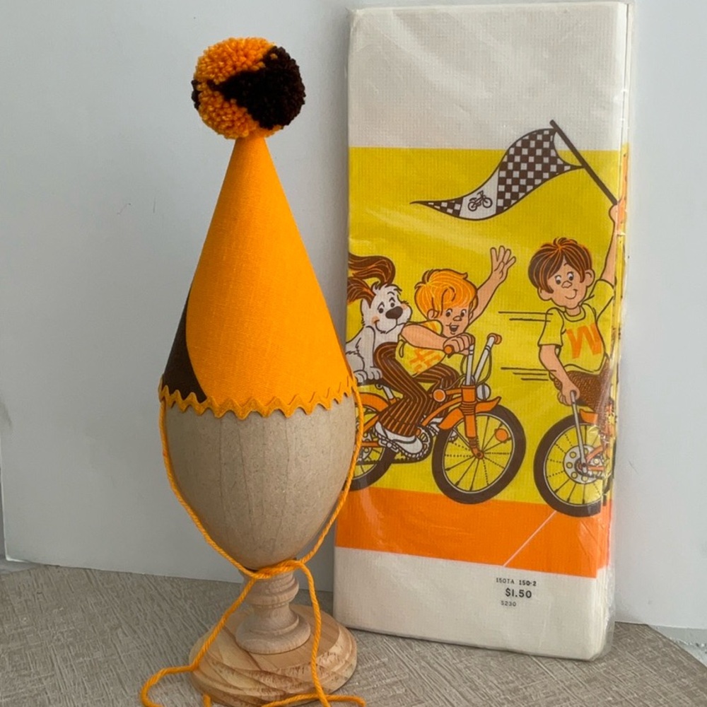 Classic Vintage Boys Party Hat And Paper Tablecloth Set / 1970 Vibes